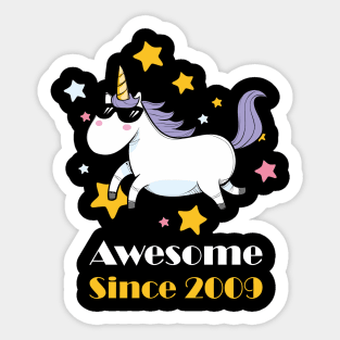 Awesome Since 2009 Cool Unicorn with Sunglasses Sticker